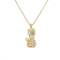 Minimalist golden cat pendant necklace featuring white pearls and a sparkling clear zircon - Cat Shape (CN001536CX)