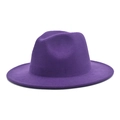Detail view of the wide-brimmed purple wool fedora hat with a classic creased crown design - M (56-58cm) / Purple