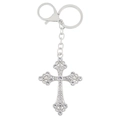 Silver cross keychain with sparkling rhinestones and lobster clasp on white background - Silver