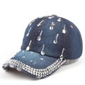 Detail of blue denim baseball cap with rhinestone water drop patterns and frayed edges - Dark Blue