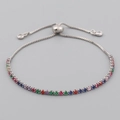 Adjustable silver bracelet featuring a row of vibrant rainbow square-cut cubic zirconia - Rainbow Square Block Zircon Style (SL0008) / Silver
