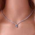 Close-up of V-shaped silver necklace with sea blue teardrop zircon on female model - Silver Light Blue Zirconia Necklace
