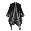 Close-up detail of soft knit texture and grey floral pattern on black poncho wrap - 135x155cm / Cut-Out Solid Butterfly Black