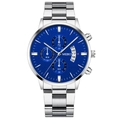Detailed close-up of blue sunray dial with three sub-dials and date window on steel watch - Silver Case Blue Dial Silver Accents