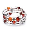 Multi-layer natural stone wrap bracelet with red and orange beads and silver tubes - Striped Coffee Agate