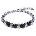 Detailed macro of stainless steel link bracelet with matte tiger eye beads and lobster clasp - Matte Black (Frosted Stone)