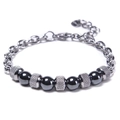 Detailed view of men's stainless steel bracelet with grey tiger eye beads on white background - Dark Grey (Hematite Magnet)
