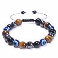 Tiger eye and obsidian beaded bracelet with adjustable woven cord and evil eye charm - Yellow Tiger Eye / 10mm