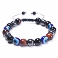 Adjustable woven bracelet with 10mm tiger eye beads and blue evil eye charm - Red Tiger Eye / 10mm