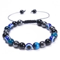 Tiger eye and evil eye beaded bracelet with adjustable black braided cord - Blue Tiger Eye Stone / 8mm