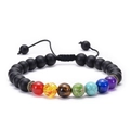 Detail of adjustable woven chakra bracelet with black lava stone and seven colored beads - Matte Stone Bracelet