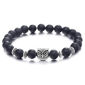 Matte black stone beaded bracelet with silver owl charm and vintage spacer beads - Matte Stone Bracelet