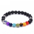 Lava rock chakra bracelet with colorful natural stones and silver Hamsa Hand charm - Lava Rock 7 Chakra Hamsa Hand Pendant Style (003)