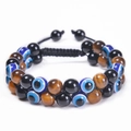 Detail of 8mm double-layer woven bracelet with tiger eye beads and evil eye charm - Yellow Tiger Eye with Black Beads and Evil Eye Bracelet