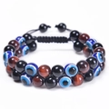 Detail of double-layer woven bracelet with blue evil eye beads and brown tiger eye stones - Red Tiger Eye with Black Beads and Evil Eye Bracelet