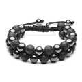 Double-layer braided bracelet with matte black lava and shiny hematite stone beads - Hematite & Lava Stone