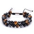 Macro detail of double-layer Tiger Eye and Hematite stone beads with adjustable cord - Tiger Eye Hematite Color Block (款式05)