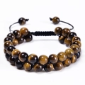 Close-up of double-layer tiger eye stone beads with adjustable black braided cord - Yellow Tiger Eye