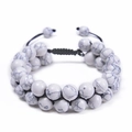 Detail of adjustable double-row white marble stone beaded bracelet with black woven cord - 10MM-White Turquoise