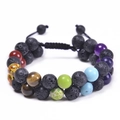 Double-layer 10mm lava stone and colorful chakra beads bracelet with adjustable cord - 10MM Lava Rock + Seven Chakra Stone Bracelet