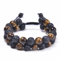 Detail of double-layer bracelet with tiger eye beads and black lava stones with woven cord - 10mm Bead / Tiger Eye + Lava Stone
