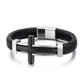 Bracciale punk da uomo in pelle nera intrecciata con croce nera e chiusura in metallo argento - 19cm / Argento e Nero