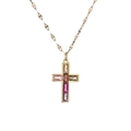 Detail of cross pendant with colorful rectangular gemstones on a gold necklace - Colorful Baguette Gemstone Cross (CN001566YS)