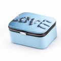 Blue square PU leather jewelry travel case with LOVE pebble print and silver metal lock - Mirror Style / LOVE Blue