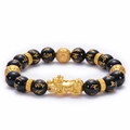 Goldenes Pixiu-Armband mit schwarzen Achatperlen und eingravierten Mustern für Glück - 10MM Sechs Silben Mantra PiXiu Armband