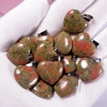 Natural heart shaped agate pendants in green and red stone with silver bails - Unakite