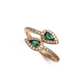 Detail of gold-plated open ring with pear-cut green zircon stones and sparkling accents - Gold/Double Pear Green Zirconia (CR0673CX)