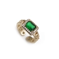 Vintage gouden open ring met smaragdgeslepen groene zirkoon en kettingstructuur - Vintage Halo Rechthoekig