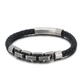 Pulsera para hombre de cuero trenzado negro con cierre y adornos de metal plateado envejecido - 21cm / Negro Mate