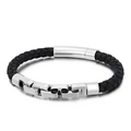 Pulsera trenzada para hombre en cuero negro con eslabones de acero inoxidable pulido - 21cm / Color Acero