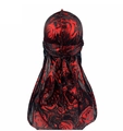 Black silky durag featuring red rose and spider web patterns with long straps - One Size / Black Red
