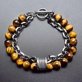 Men's double layer bracelet featuring brown tiger eye stone beads and a metal chain link - Full Yellow Tiger Eye