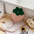 Pink strawberry shaped crossbody bag for girls with green leaf detail and rhinestones - Pink
