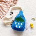 Detail of blue strawberry canvas chest bag for kids with adjustable strap and cute pattern - 20cm*17cm*5cm / Blue