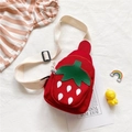 Detail of cute red strawberry-shaped canvas crossbody bag for girls with adjustable strap - 20cm*17cm*5cm / Red