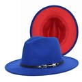 Detail view of felt fedora hat featuring cobalt blue exterior and red contrast lining - Royal Blue & Red