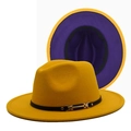 Detail of yellow wool fedora featuring purple contrast brim and black leather buckle band - Yellow & Purple