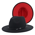 Cappello fedora classico in lana nera con fodera rossa e fascia decorativa in pelle - M(56-58cm) / Nero (Fodera Rossa)