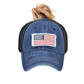 Detail of washed cotton ponytail baseball cap featuring flag embroidery and mesh back - Adjustable / Navy Blue Ponytail Mesh Back Distressed with US Flag