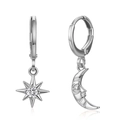 Asymmetric silver hoop earrings with sparkling zircon star and crescent moon pendants - Silver