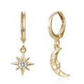 Gold asymmetrical star and moon earrings with clear cubic zirconia in a minimalist style - Gold