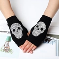 Guantes de punto negros sin dedos con un diseño de calavera de strass plateado brillante - 15 (Estilo Corto) / Blanco