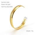 Detailed specs of 9mm wide 18K gold plated stainless steel cuff bangle on white background - Gold