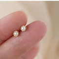 Elegant gold screw back pearl stud earrings with textured bezel on fingers - One Pair / Gold