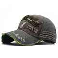 Close-up of vintage washed cotton baseball cap with 3D embroidery and distressed details - Adjustable / Army Green (Bull Head Embroidery)