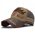 Detailed close-up of embroidered letters and vintage distressed edges on the cotton cap - Adjustable / Coffee (Bull Head Embroidery)